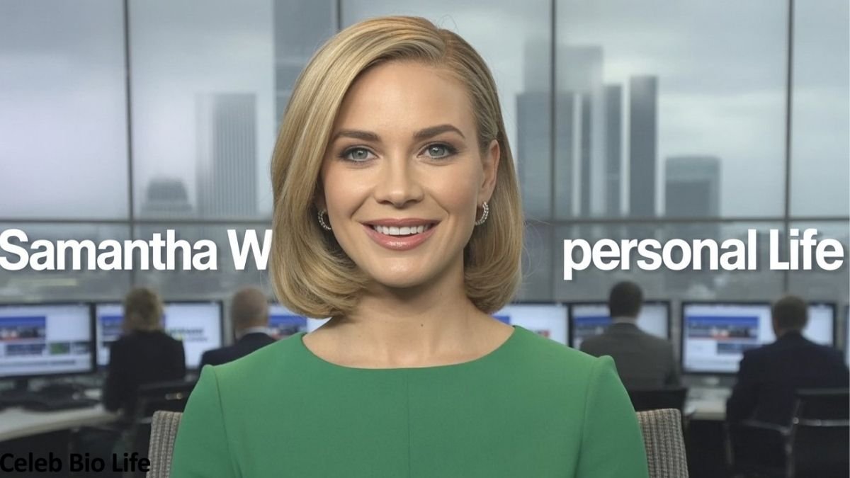 Female news anchor in newsroom studio.