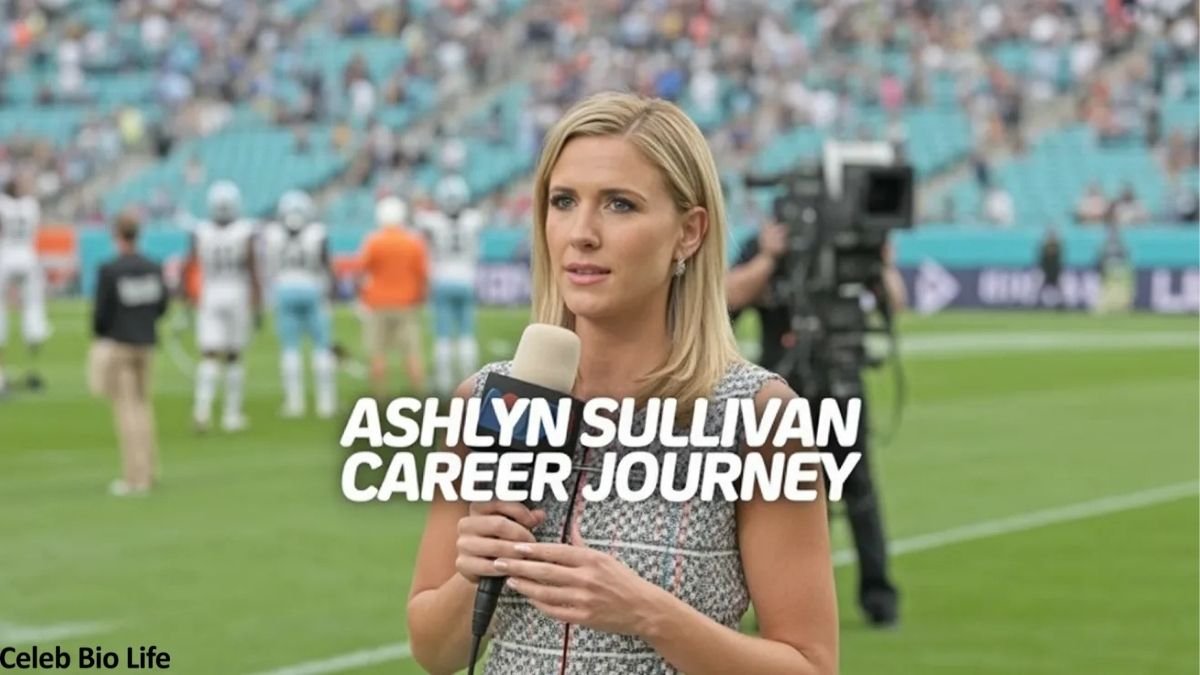Reporter holding mic at stadium.