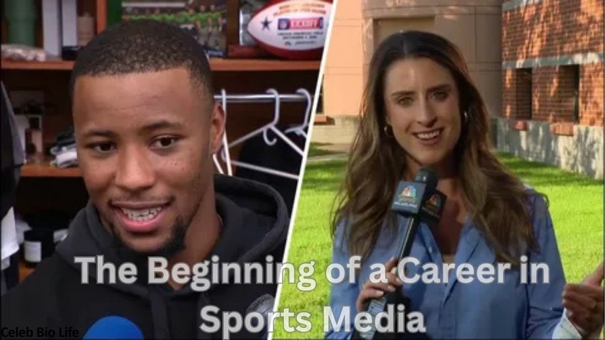 Sports reporter interviewing athlete split image