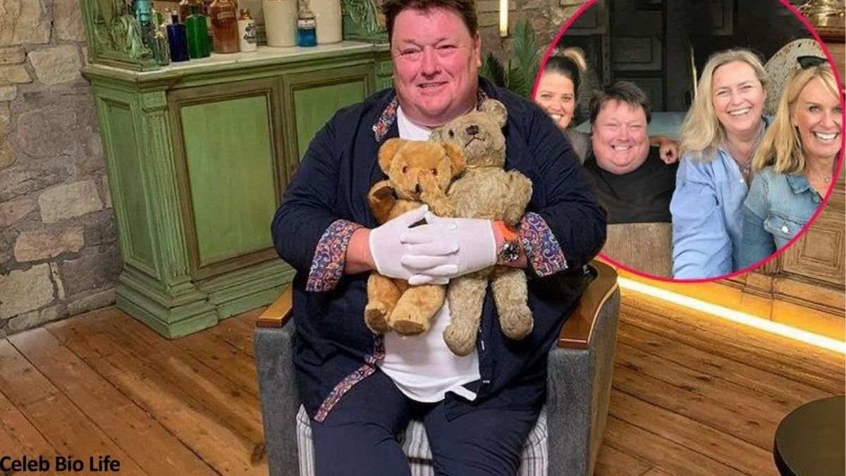 Man holding teddy bears, group inset.