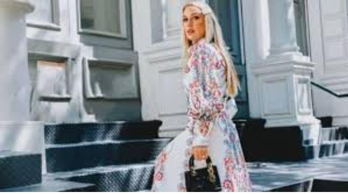 Amanda Ivanelli wearing a floral long dress during a street style photoshoot, Amanda Ivanelli net worth and lifestyle fashion look
