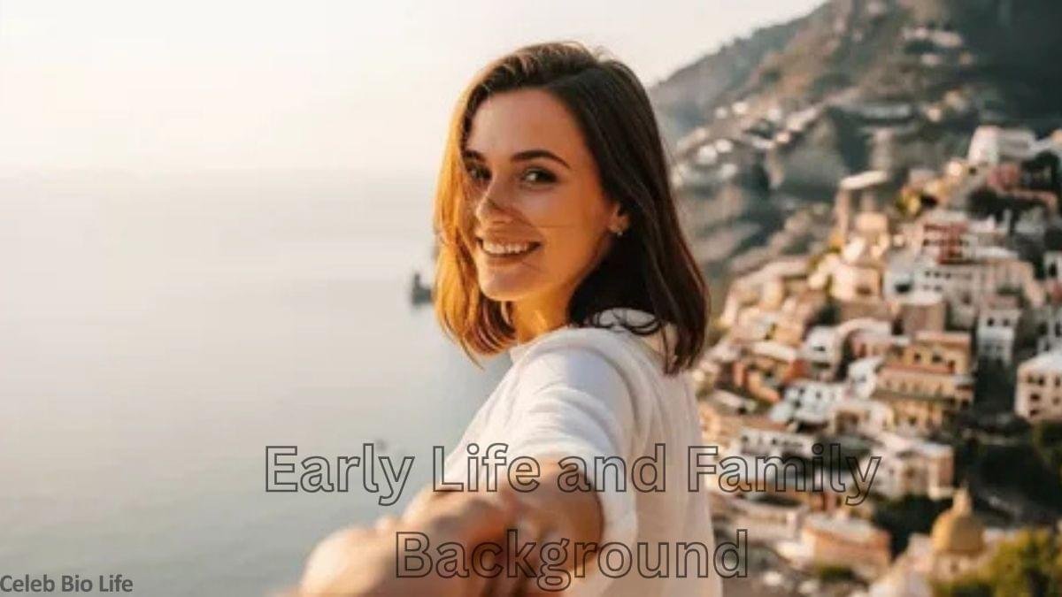 Smiling woman overlooking scenic coastal town